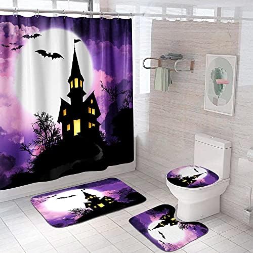 BUSOIYOU 4 Pcs Halloween Shower Curtain Sets with Non-Slip Rug,Toilet Lid Cover,Bath Mat,12 Hooks,Scary Blood Hand Waterproof Shower Curtains with Rug Set for Bathroom Decor (Castle)