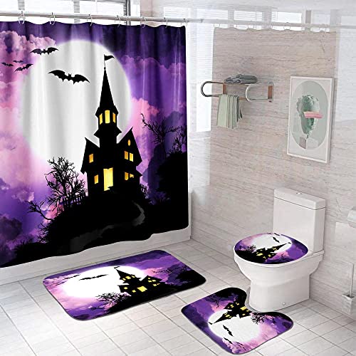 Busoiyou 4 Pcs Halloween Shower Curtain Sets With Non-Slip Rug,Toilet Lid Cover,Bath Mat,12 Hooks,Scary Blood Hand Waterproof Shower Curtains With Rug Set For Bathroom Decor (Castle) #TOP2