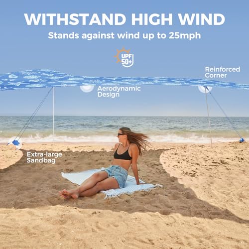 Image of WEKAPO Beach Tent Sun Shelter - Easy Setup Beach Canopy with 4 Sturdy Poles, Extra Large Sandbags and Shovel, 7'8'' Tall, Windproof Sun Shade for Backyard and Camping, UPF 50+ Protection