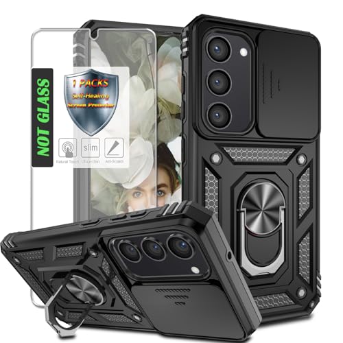 AYMECL for S23+ Case,with Slide Camera Cover,1Pcs Self-Healing Screen Protector,Heavy Duty Shockproof Protective Case with Magnetic Kickstand for Samsung Galaxy S23 Plus 5G 6.6 inch,Black