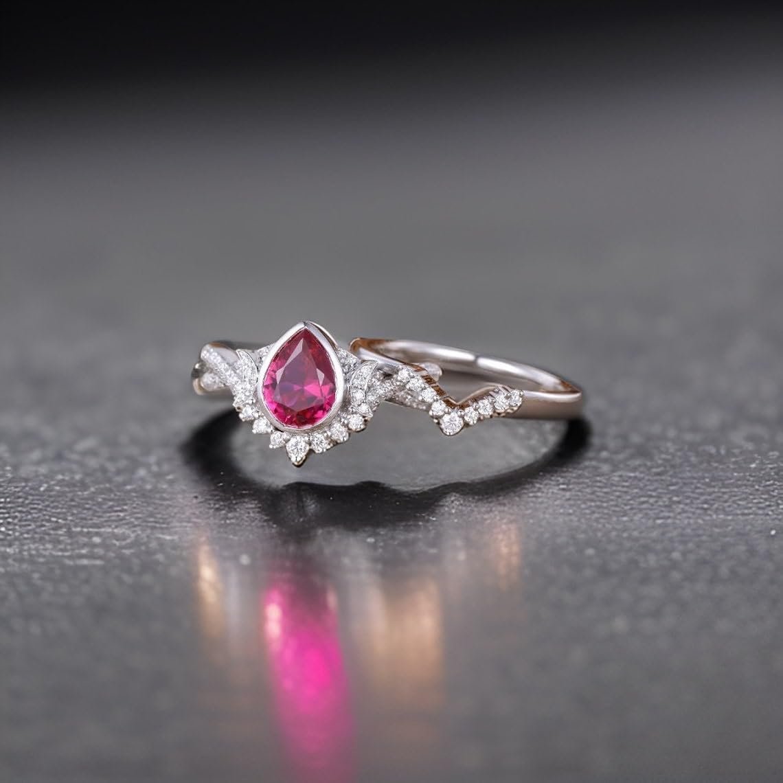 Sterling Silver Unique Ring Set Pear Cut Ruby Ring For Women