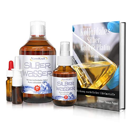 Preisvergleich Produktbild Kolloidales Silber 500ml / 25ppm, Silberwasser mit Sprühflasche 100ml, Nasensprayflasche, Pipettenflasche, Messbecher, E-Book in 5 Sprachen zum Download, Laborgeprüft, Hohe Konzentration