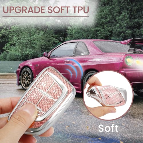 Image of Car Key Fob Cover for Cadillac escalade, Rhinestone Wristlet, Pink | Wear-resistant TPU shell, non-stretch rhinestone wristlet, daily splash, scratch and drop protection, normal signal use