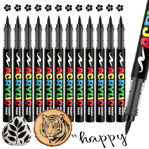 Funnasting 12PCS Direct Liquid Acrylic Paint Pens 0.5-5mm Flexible Brush Tip Waterproof Acrylic Marker Pen for Rock Wood Metal Plastic Pebbles Glass Ceramic