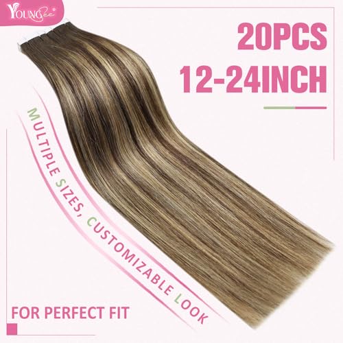 YoungSee Brown Tape in Hair Extensions Human Hair Tape Hair Extensions Full Head Tape-in Hair Extensions Brown Balayage to Caramel Blonde Skin Weft 18inch 50g 20pcs - Image 3