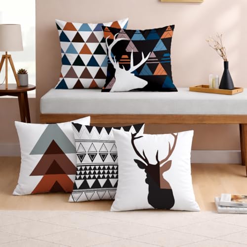STITCHNEST Set of 5 Polycotton Cushion Covers – 18x18 Inches – Multicolor Deer & Triangle Geometric Prints – Modern Cushion Covers for Sofa & Living Room | Perfect for Home Decor