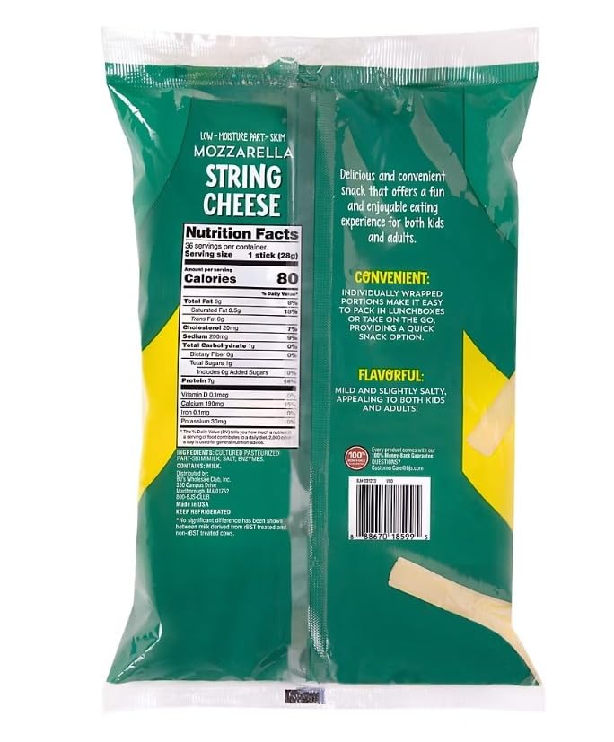 Low Moisture Part-Skim Mozzarella String Cheese , Each individually wrapped stick offers a delicious, convenient way to get your daily dose of dairy, made from part-skim milk for a satisfying and wholesome treat. Ideal for lunchboxes, on-the-go snacking, or a protein-packed addition to your favorite meals [ 32 oz , 2 lb ]