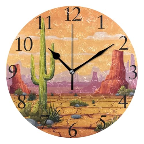 susiyo Desert Cactus at Sunset Wall Clock 9.8 Inch Silent Round Wall Clock Battery Operated Non Ticking Creative Decorative Clock for Kids Living Room Bedroom Office Kitchen Home Decor