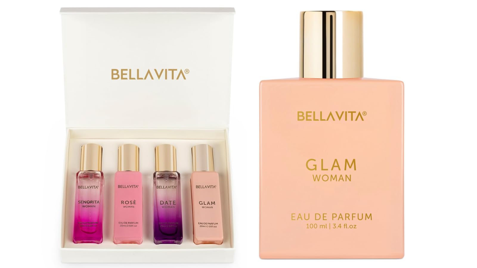 Bella Vita Luxury Womens Perfume Gift Set (4x20 mL) + GLAM Eau De Parfum | Sweet, Floral, Musk, Vanilla Scents | Long-lasting, Vegan & Cruelty-Free Perfumes for Women| Gify for her