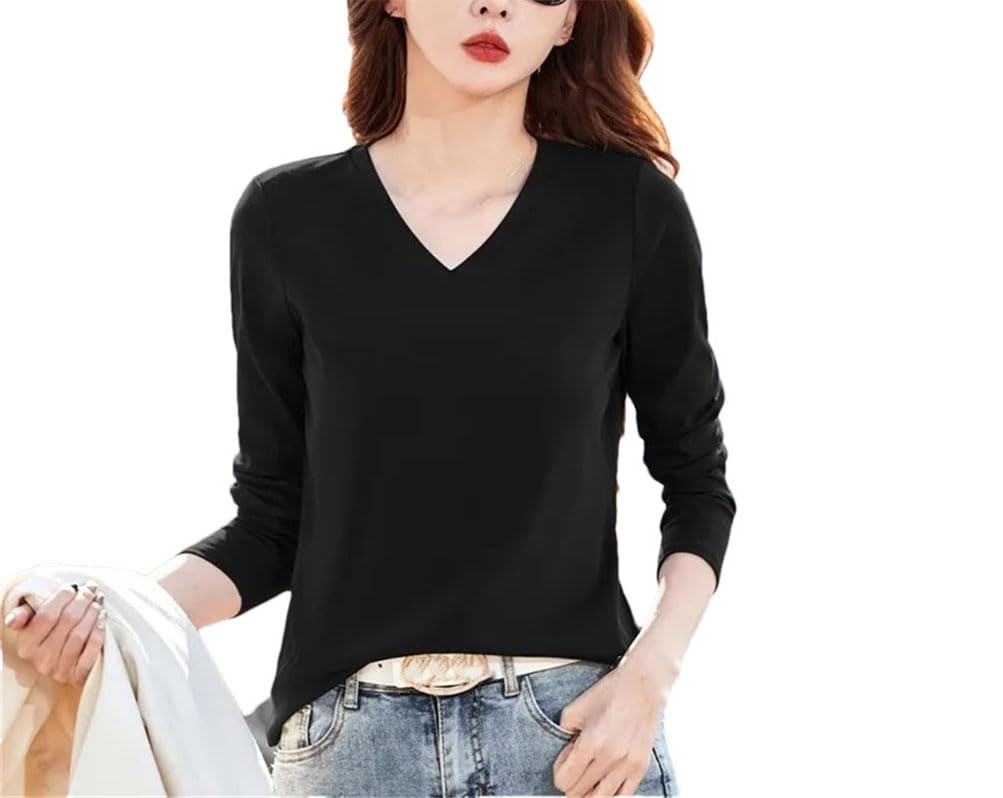 Camiseta de manga larga de algodón para mujer, cuello en V, informal, holgada, para oficina, color liso