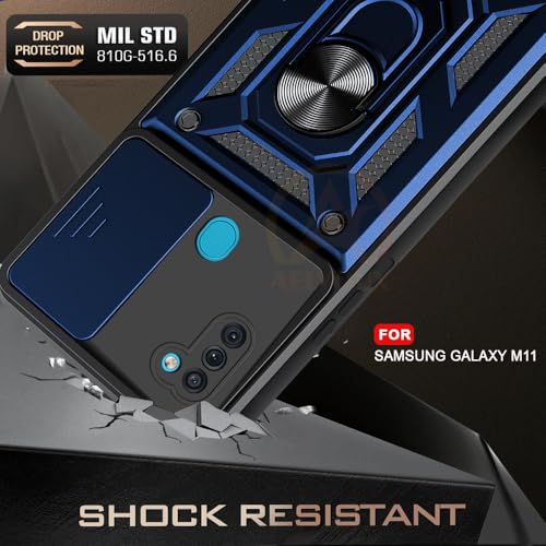 Image of Armor Bumper Back Cover Case for Samsung M11 | Rotating Camera Cover, Ring Holder & Kickstand | Heavy Duty & 360 Degree Protection Samsung M11 Back Cover (Blue)