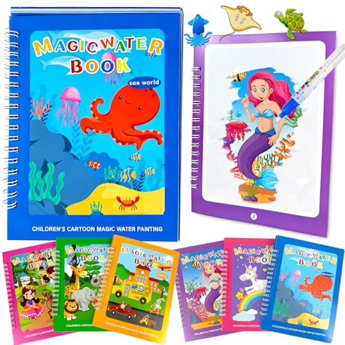 Tangdudu Libro Magico da Colorare Acqua,6 Pezzi Libri da Colorare per Bambini, Con 6 Penne Magiche,Riutilizzabili Libro Magico ad Acqua da Colorare, Regalo per Ragazzi Ragazze Bambini