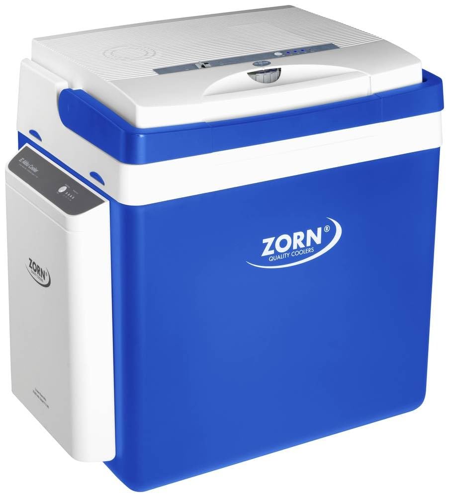 Zorn® Nevera eléctrica con batería y caja para mantener el calor, capacidad de 26 L, 12/230 V para coche, barco, camión, balcón y enchufe (azul)