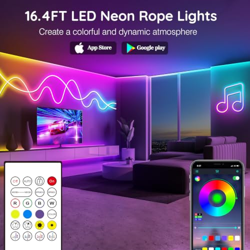 Image of RCUICA 16.4FT LED Neon Rope Lights Waterproof with Smart App Control Remote,DIY Scene Modes,Music Sync hronization,Eaves Lights for Garden Decor,Deck,Christmas