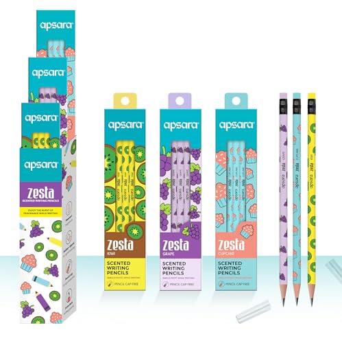 Apsara Zesta Scented Writing Pencils – Pack of 1-6 Pencils | Kiwi, Cupcake & Grape Scents (May Vary) | Extra Dark | Rubber-Tipped | Free Pencil Cap | Ideal for Students