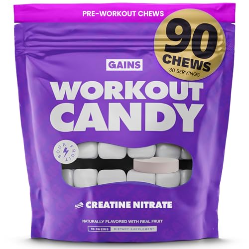 Gains in Bulk Workout Candy, Pre Workout Chews with Creatine and Caffeine for Energy, Focus, Muscle and Pump, Nitric Oxide Support, Supplements for Men and Women, Sour Fruit, 90 Vegetarian Chews