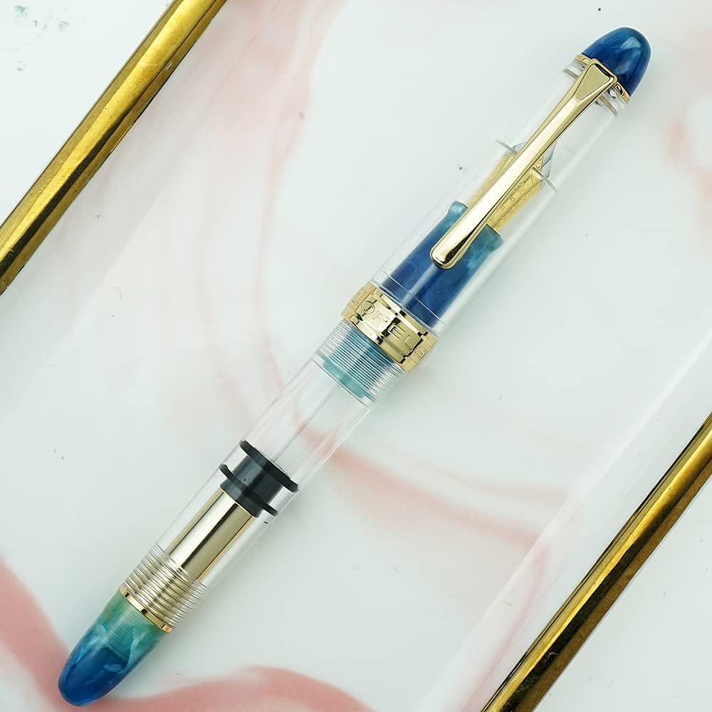 erofa LORELEI 667 Resin Piston Transparent Blue Fountain Pen Golden Clip, Fine Nib for Business Office Home School