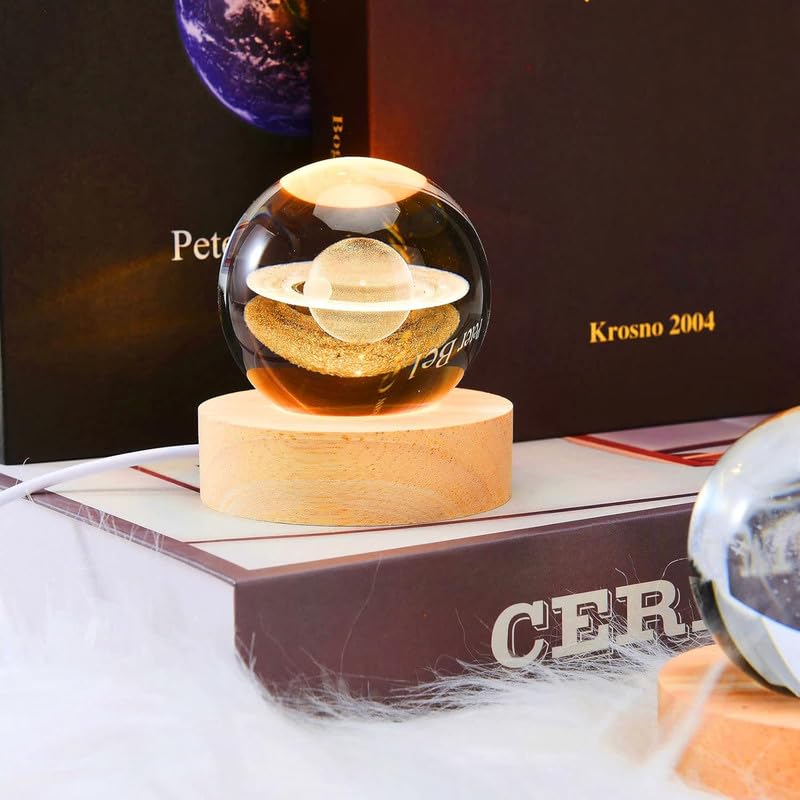 Image of Fairy Saturn 3D Crystal Ball Night Lamp, Creative Engraved Crystal Ball Night Light, USB Table LED Wooden for Home Office Decoration Birthday Gift Adults (Warm White)