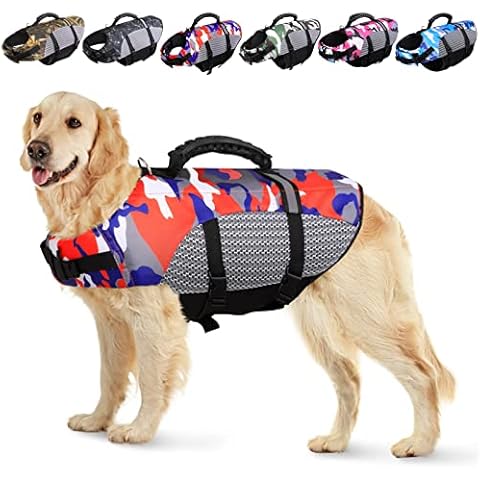 KOESON Dog Life Jacket Ripstop Pet Safety Life Vest, Adjustable Dogs Lifesaver Vest with Enhanced Buoyancy and Rescue Handle, Camouflage Swimsuit Preserver for Small Medium and Large Dogs (Orange, S) Cover