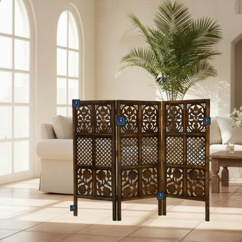 Image of Wooden Room Partition Screen with Burnt Wood Finish | Hand Buffed Traditional Handicraft Room Divider | 6 Ft Height Indoor Room Separator (3 Panel 4 Feet)