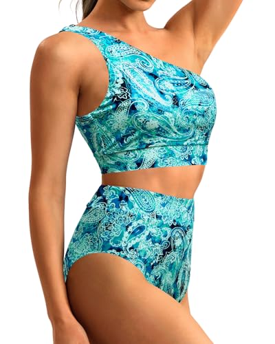 Image of Holipick Women One Shoulder High Waisted Bikini Sets Two Piece Swimsuit Tummy Control Bathing Suit Full Coverage Swimwear