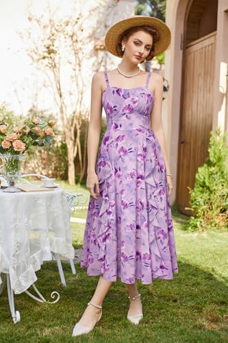 Image of Belle Poque Sun Dresses for Women Spring Summer Floral Midi Flowy Spaghetti Ruffle Wedding Guest Tea Party Dress