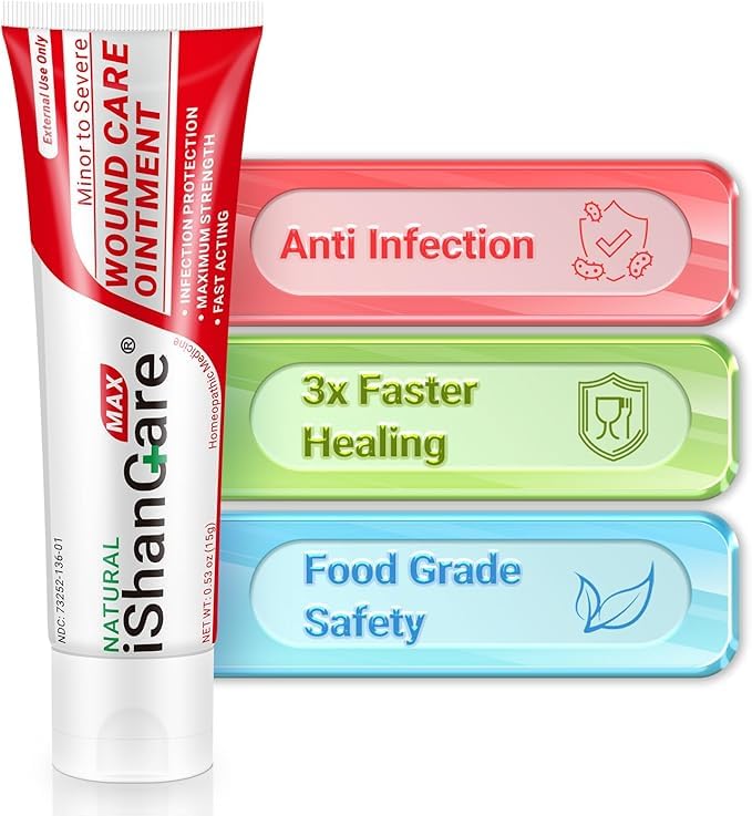 iShanCare® Wound Care Ointment - Pomada de primeros auxilios, cicatrización 3 veces más rápida para quemaduras, úlceras, cortes, abrasiones, escaras, úlceras por presión, heridas en piernas y pies, po