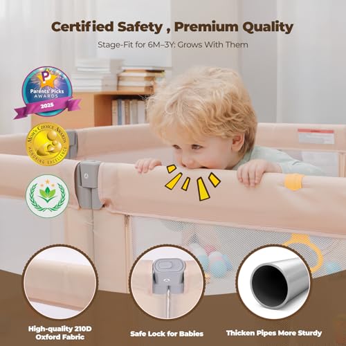 Image of Kidirect Foldable Baby Playpen, 71 inchx69 inch Extra Large Playpen for Babies and Toddlers, Portable Play Yard with 5 Handles, Indoor Outdoor Safety Baby Fence with Visible Mesh,Khaki