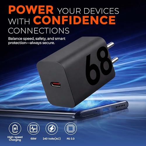 Image of 68W USB-C Turbo Power Charger, Super Fast Wall Adapter Compatible with Moto Edge 30 /40 /50 Series, Moto G82 /G84 /G45 and USB-C Smartphones & Tablets, High-Speed Safe Charging (Black).