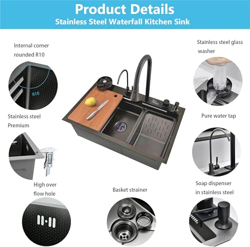 Image of Fossa Smart 30 inchx18 inchx09 inch 5-Year Warranty Single Bowl Waterfall Pure Premium Stainless Steel Kitchen Sink Honeycomb Embossed Sink with Nano Coating, With All Accessories Included. (Black)