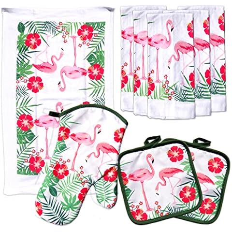 Lobyn Value Pack Kitchen Towel Oven Mitts and Pot Holders Sets, Pot Holders and Oven Mitts Sets, Kitchen Mittens and Pot Holder Set, Potholder Set, Mittens Kitchen Flamingo Design Cover