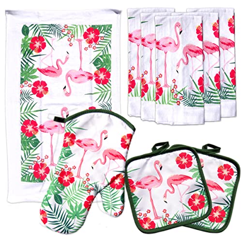 Lobyn Value Pack Kitchen Towel Oven Mitts And Pot Holders Sets, Pot Holders And Oven Mitts Sets, Kitchen Mittens And Pot Holder Set, Potholder Set, Mittens Kitchen Flamingo Design #TOP9
