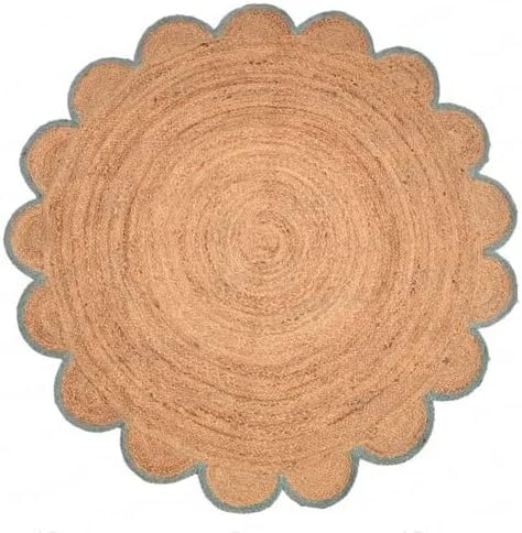 Tapis rond en jute naturelle écologique 150 cm avec festons turquoise bohème