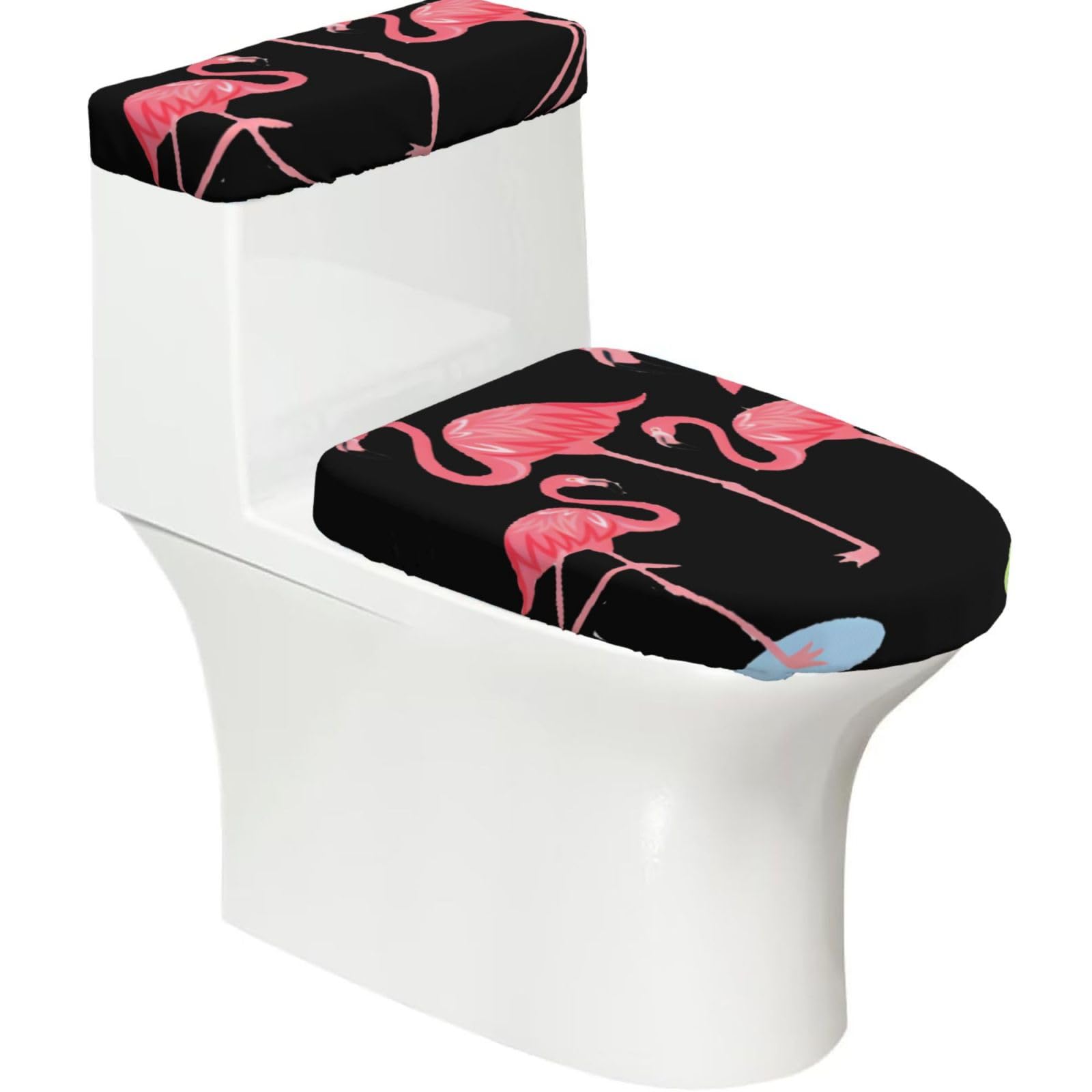 Four Flamingos 2-Piece Toilet Seat Cover Set with Tank Lid - Elastic for U-Shape & Elongated - Bathroom Decor