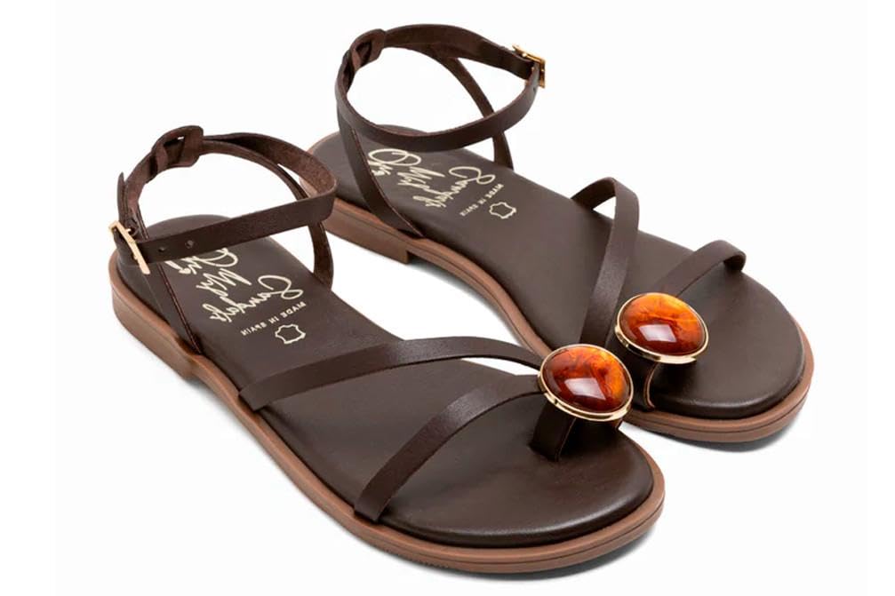 Sandalia plana de dedo Oh! My Sandals 5855 marrón para mujer de piel - Mujer