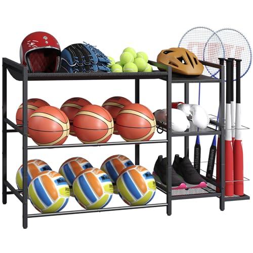 MAHANCRIS Sports Equipment Organizer, 3 Tier Ball Storage Rack with Baseball Bat Holder, Indoor & Outdoor Basketball Racks for Volleyball, Football, Garage Organizer with Sheleves, Black BEHR17301