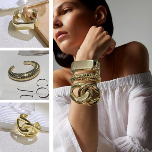 3PCS Chunky Gold Cuff Bangle Bracelets For Women Trendy Irregula Open Bangle Bracelets Set Gold Statement Minimalist Jewelry for Women3