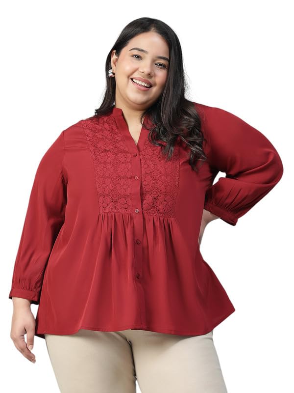 Image of oxolloxo Plus Size Polyester Casual Tops | Relaxed Fit Solid Solid V-Neck |Regular Curved Tops ForPlus Size Women |Green