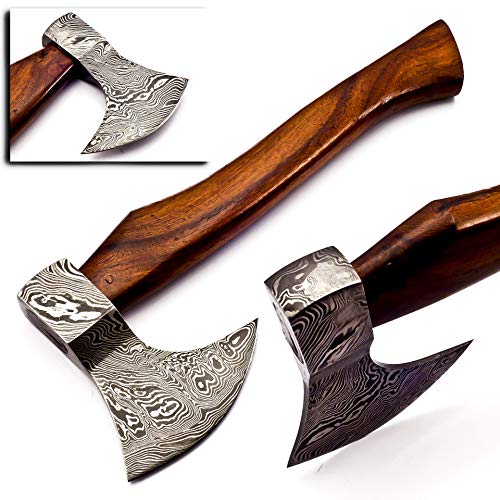 Skokie Knives Custom Hand Made Damascus Steel Hatchet Tomahawk Axes with Handle Natural Wood