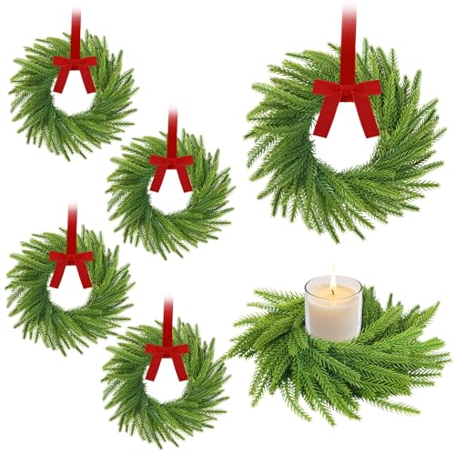 6 Pcs Mini Christmas Kitchen Cabinet Wreaths, 7.9' Norfolk Pine Candle Ring