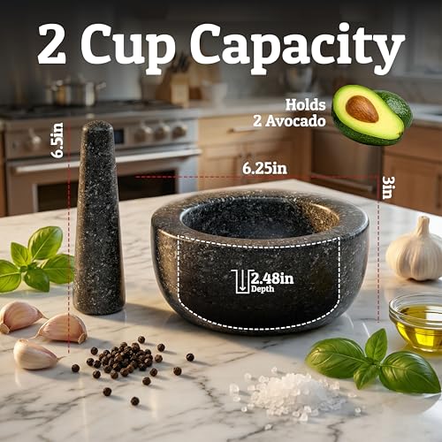 Priority Chef Heavy Duty Large 2 Cup Mortar and Pestle Set,100% Granite, Non Slip Base, Make Fresh Guacamole, Salsa, Pesto, Stone Grinder Bowl, Herb Crusher, Spice Grinder, 6.3 Inch Size, Black - Image 4