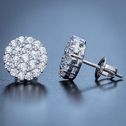 White Gold Plated 925 Sterling Silver Unisex Round Hip hop CZ Cluster Screw Back Circle Shape Trendy Ice Out Stud Earrings For Men Women Jewelry Gifts3
