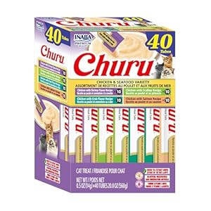 INABA Churu Cat Treats, Lickable, Squeezable Creamy Purée Cat Treat with Green Tea Extract & Taurine, 14g Each Tube, 40 Tubes, Chicken & Seafood Variety