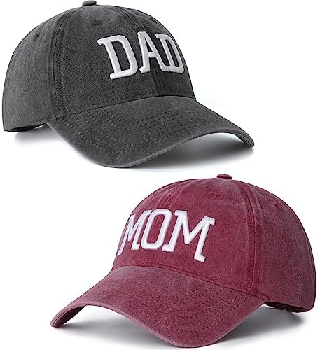 Mom and Dad Hats Set of 2 Pcs Adjustable Washed Cotton 3D Embroidered Baseball Caps Gift for Parents Couples Classic Mom Dad Gifts Hat Black Red