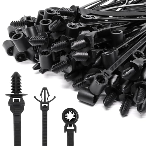 GDFYMI 90pcs Black Zip Ties Plastic Push Mount Zip Ties Nylon Self Locking Cable Straps for Automotive Wire Tying 3 Types, 6/8Inch