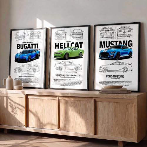 Image of walllane Big Bugatti Chiron, Dodge Hellcat, Ford Mustang Cars Framed Posters Gift Items for Boys Room Wall Decoration Bedroom Living Room Office Studio Decor | Car Poster Frame for Wall Decor Set Of 3 Size(10x13 inch), Framed)