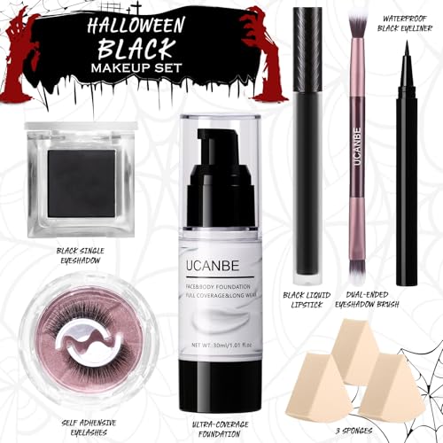 Image of UCANBE Halloween Makeup Kit - Black Eyeshadow, White Liquid Foundation, Black Liquid Lipstick & Eyeliner, Self Adhensive Eyelashes, Brush & Sponges Makeup Set for SFX Cosplay Skeleton Skull Demon