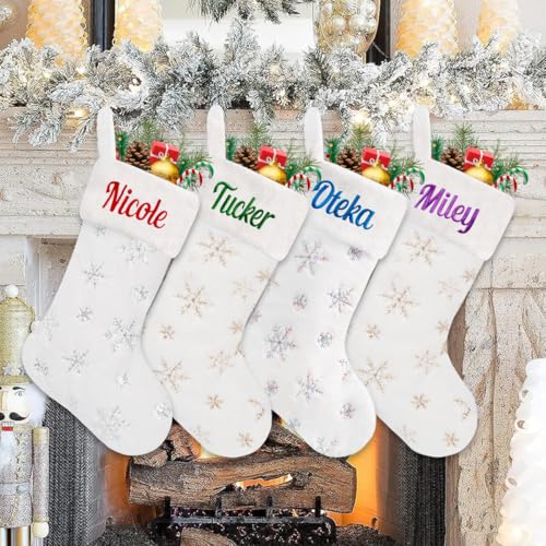 Ulico Personalized Christmas Stockings?18 Large Snowy White Faux Fur Plush Hanging CustomizeXmas Stockings with Silver Gold Sequin Snowflake for Family Holiday Xmas Party Decorations(1 Pcs)