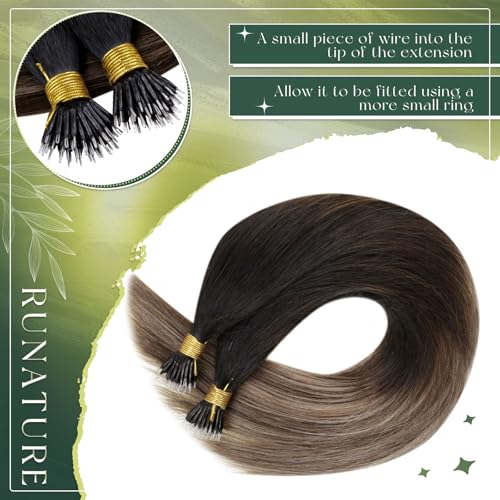 RUNATURE 24 Inch Nano Hair Extensions Real Huamn Hair Black Balayage Brown Nano Beads Hair Extensions Human Hair Invisible Nano Rings Hair 50s/50g #1b/4/27 - Image 3