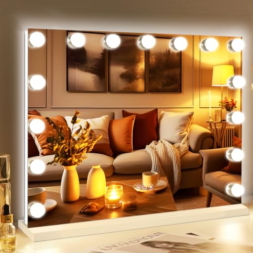 FENCHILIN Vanity Mirror with Ligths 15 LED Hollywood Vanity Makeup Mirror with Lights 3 Dimmable Color Modes RGB Backlit Shatterproof for Dressing Table 58x46cm